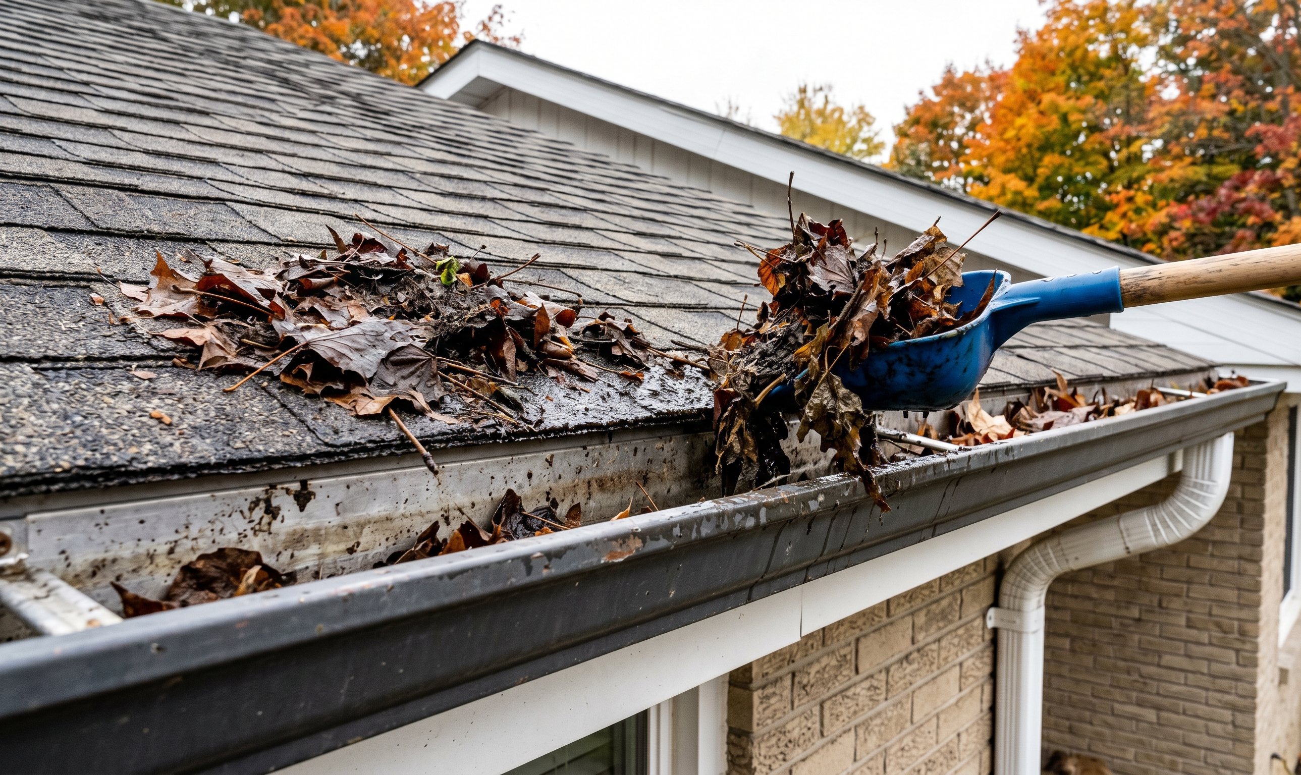 Cleaning out leaves and debris from residential roof gutters