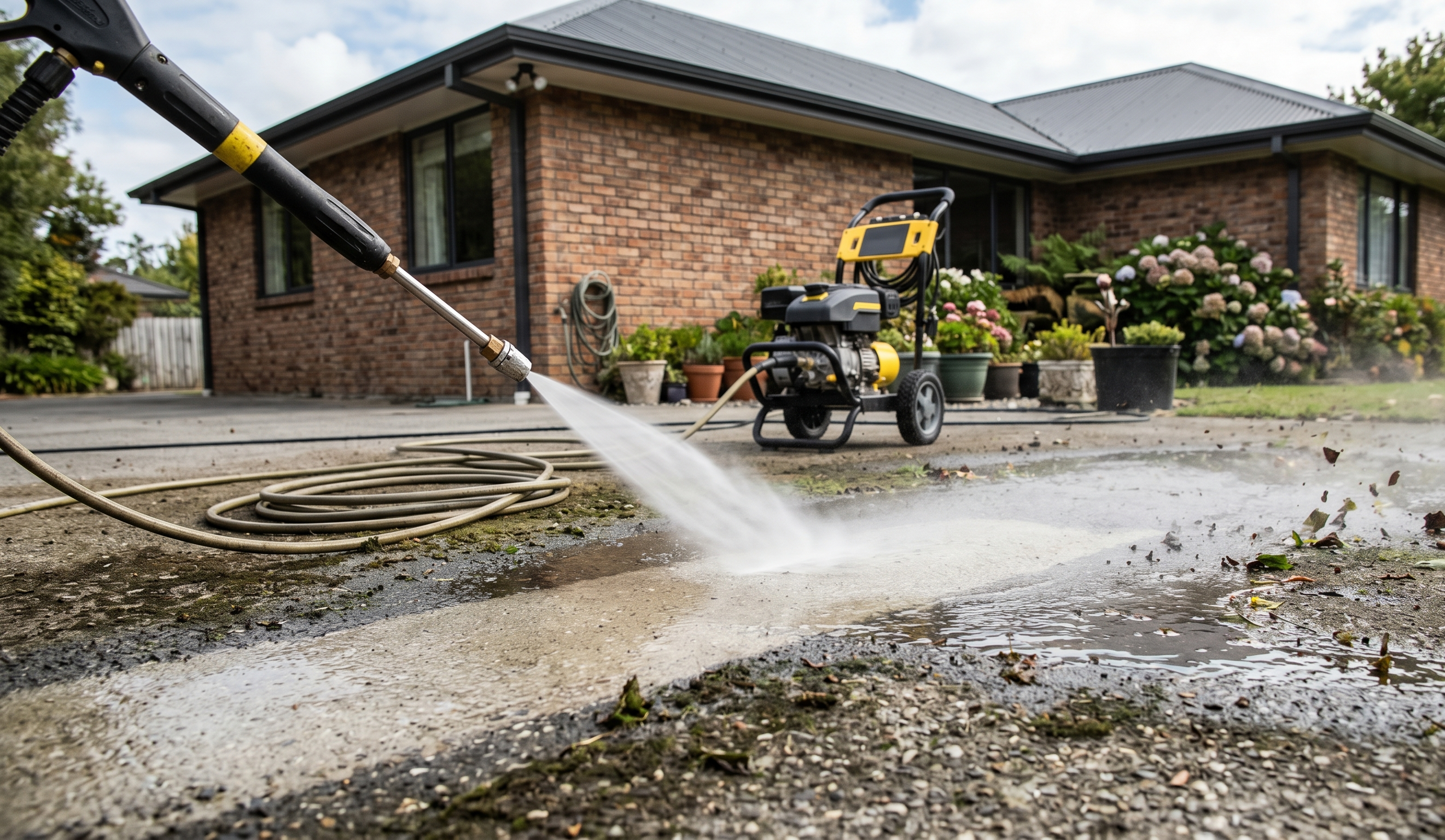 Worker pressure washing a concrete residential driveway