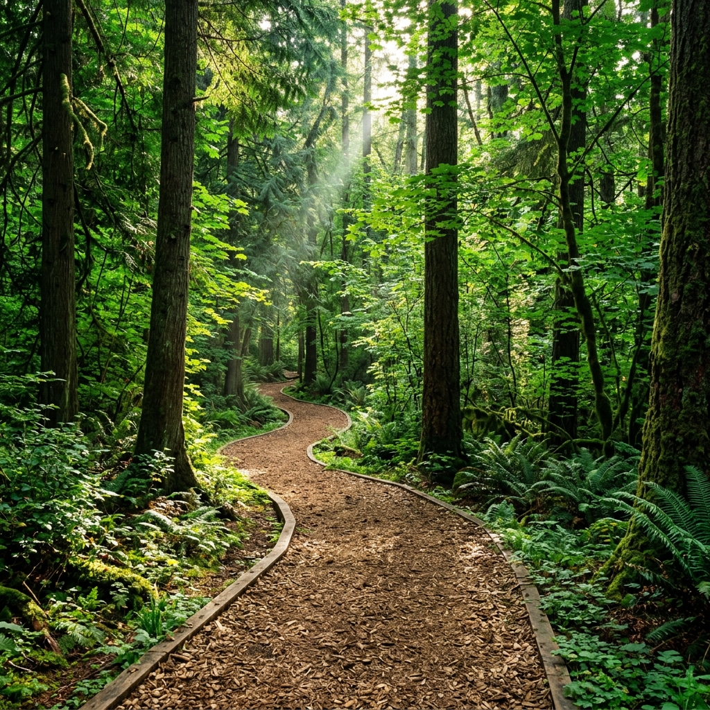 Cleared walking trail path through thick green trees