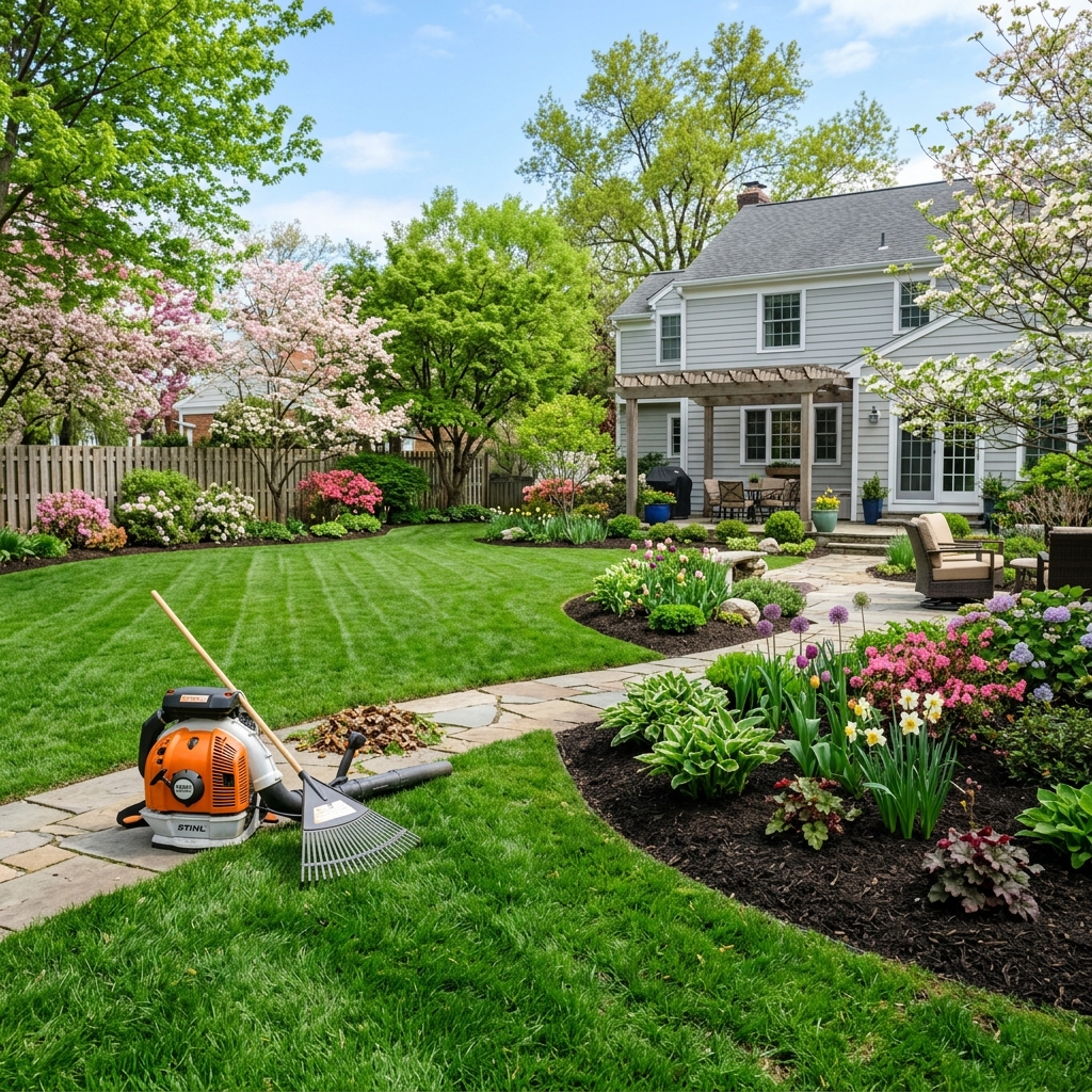 Beautifully clean backyard with neat flower beds after yard cleanup